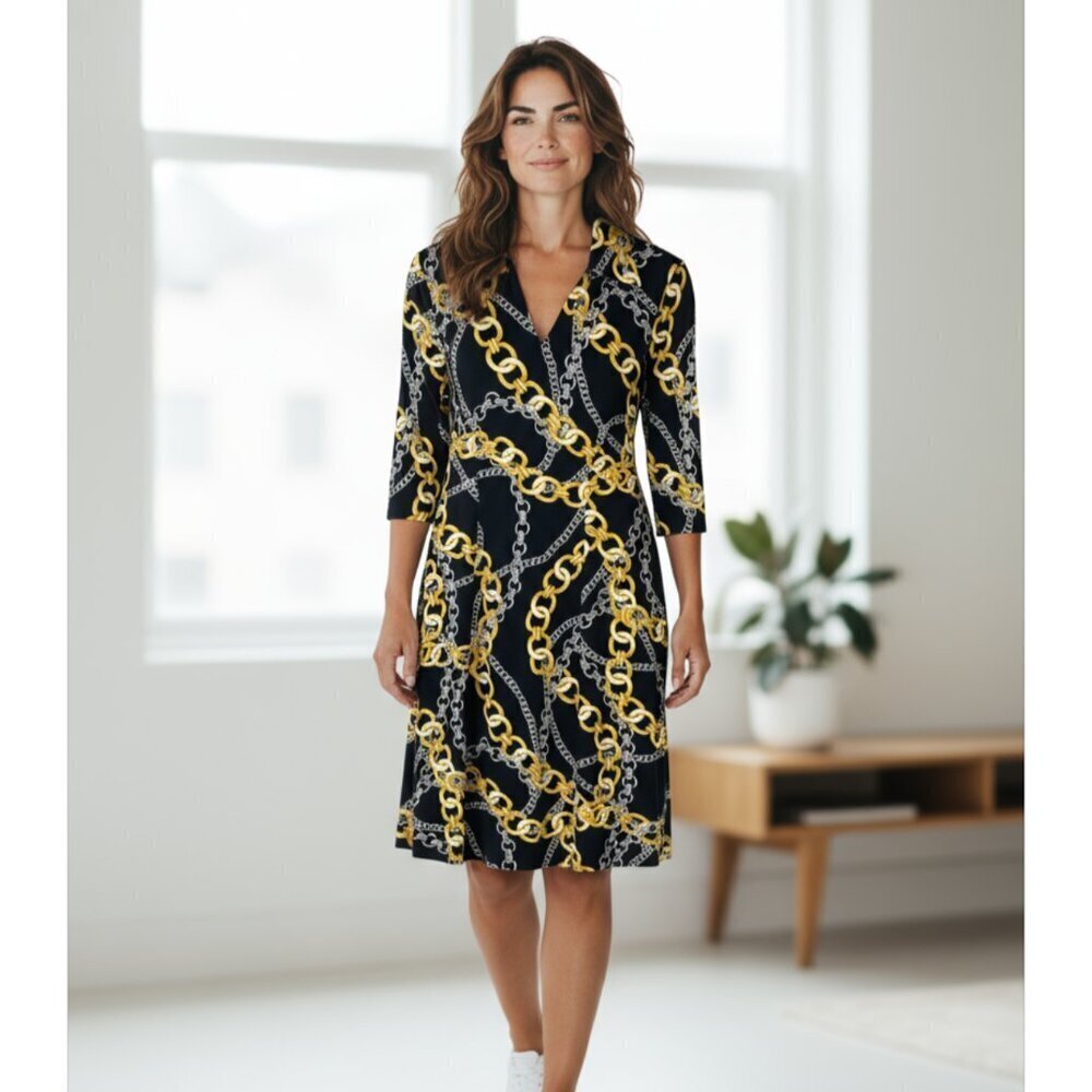 J McLaughlin Black and Gold Chain Print Catalina Cloth Dress Size Small